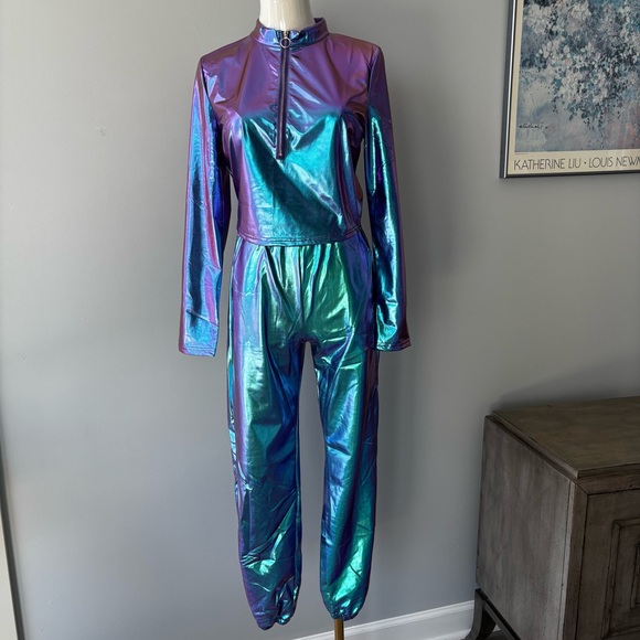 Allegra K Pants - Allegra K Iridescent Purple Blue Green Jumpsuit